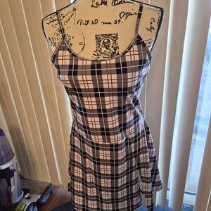 Plaid Spaghetti-Strap A-Line Dress - White/Navy